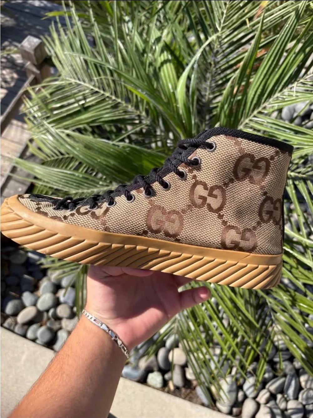 Gucci Beige & Brown GG Canvas High-Top Sneaker with Tan Sole